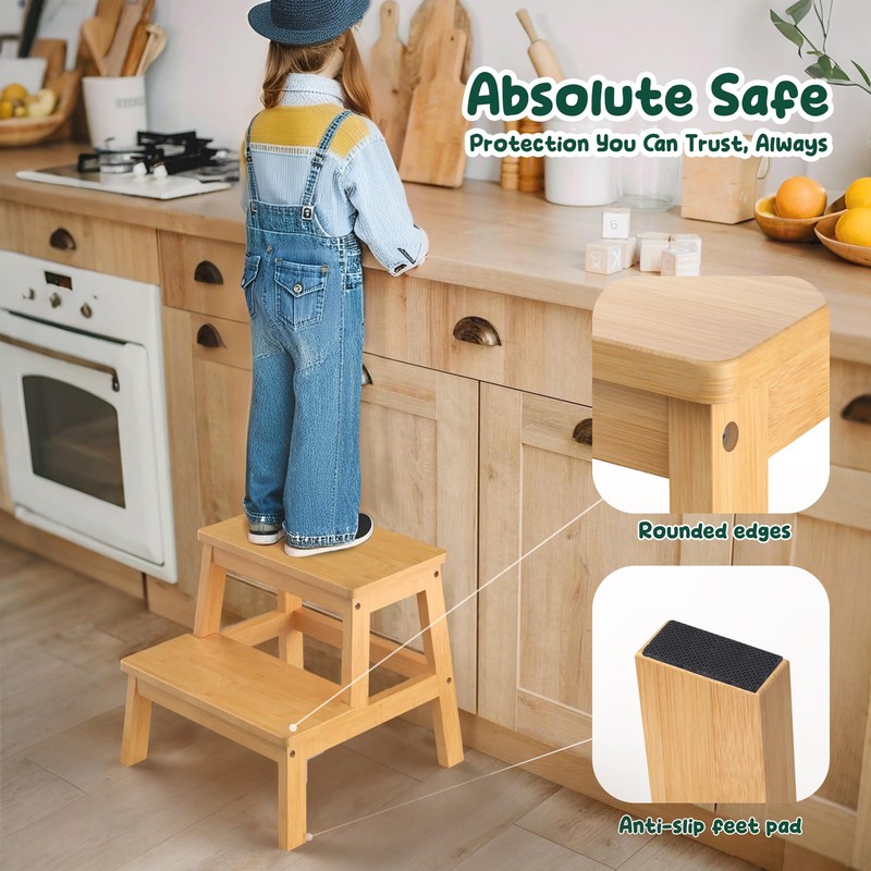 BEKVEM Bamboo 2 Step Stool for Kids & Adults, Wooden