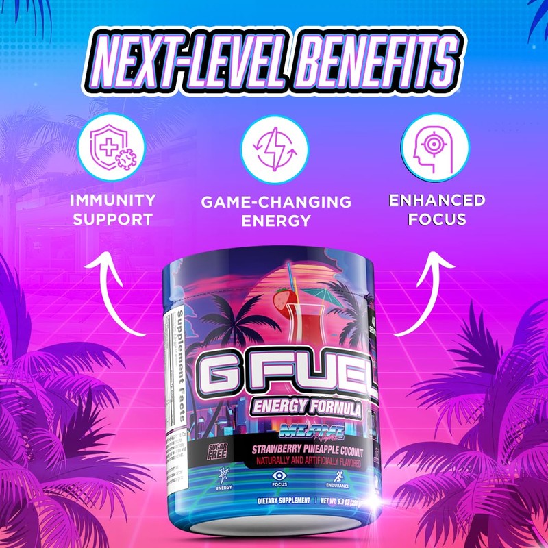 G Fuel Miami Nights Energy Drink Powder, Pre Workout Caffeine