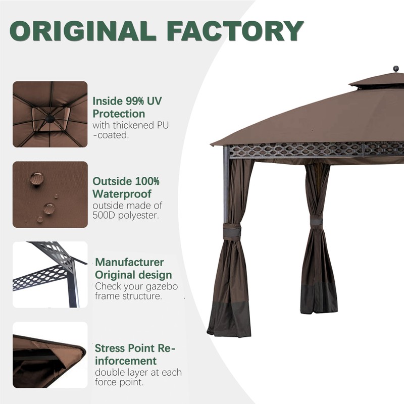 JANCANOPY Replacement Cover for 10X12Ft Oakmont Gazebo L-GZ1188PST-A,Pinehurst Gazebo L-GZ1188PST,Brown