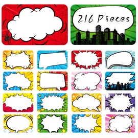 FindFunFine Superhero Name Tags Labels Stickers 216 Counts Colorful Large Nametags Name Badge Labels Sticker for Themed Party Family Home School Office