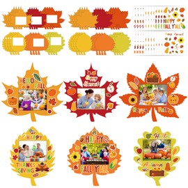 24 Sets Fall DIY Photo Frame Craft Kit Fall Maple Leaf DIY Picture Frames Thanksgiving Photo Craft Kit with Pumpkin Leaf Turkey Stickers for Autumn Decor Favor Art Gift Kids Classroom Home Activities