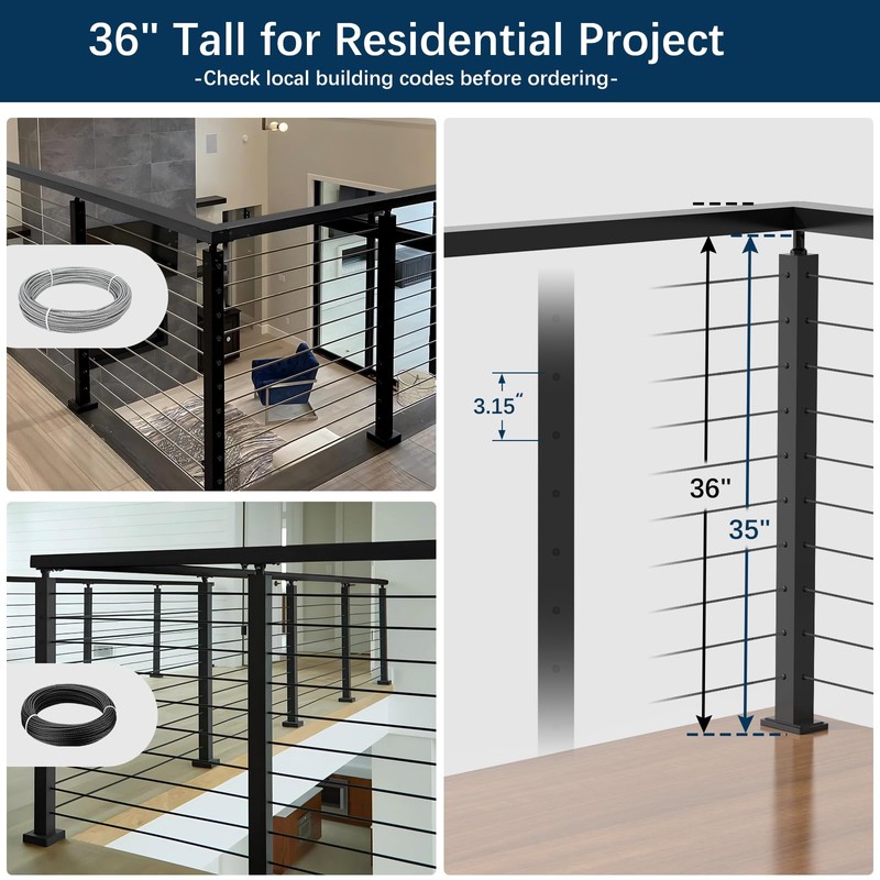 Gyykzz 36" T-drilled Cable Railing Corner Post, 90 Degree Three