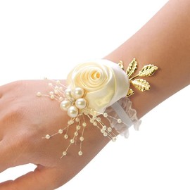 PTNKUIIY Wrist Flower, Wedding Wrist Flowers with Pearl Rhinestone Wrist Hand Flower Corsage Flower Bracelet Rose Corsage Bangle for Festival, Beach Party, Prom Accessories – Beige