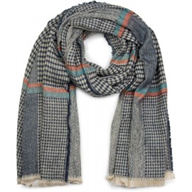 styleBREAKER wide XXL scarf with herringbone plaid pattern, decorative stripes and fringes, knit scarf, unisex 01017027, color:Blue