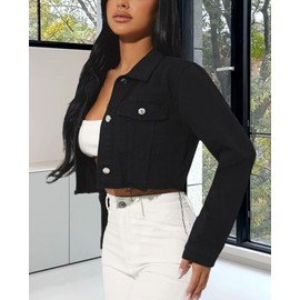 FairBeauty Women's Washed Distressed Denim Jacket Long Sleeve Ripped Button Up Cropped Jean Jacket