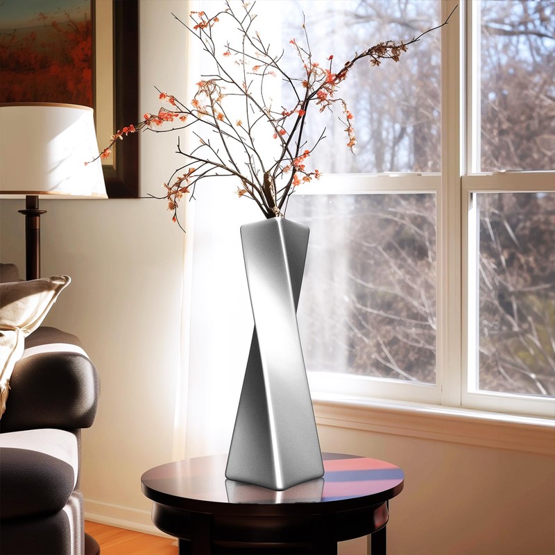 icoloursky Silver Ceramic Geometric Vase, 11.8" H, Modern Decorative Vase