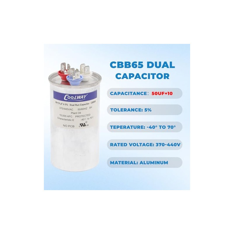 COOLWAY 60/5 uF 60+5 MFD ±5% 370V o 440V Capacitor