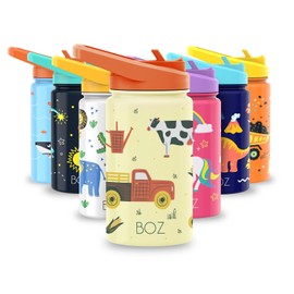 BOZ Kids Insulated Water Bottle with Straw Lid, Stainless Steel Vacuum Double Wall Water Cup, 14 oz (414ml). Scratch-Resistant Cute Print and Carry Handle, BPA-Free and Dishwasher-Safe (Farm)