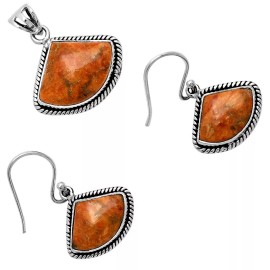 DESIRE GEM Natural Red Sponge Coral 925 Sterling Silver Pendant Earrings Jewelry Set T-1005