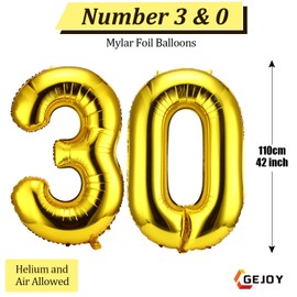 42 Inch Number 30 Balloons Jumbo 30 Foil Party Balloons Giant Number 30 Balloons for 30th Birthday Party Decorations and 30th Anniversary Event (Gold)