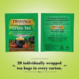 Twinings Green Tea with Pomegranate, Raspberry, and Strawberry - Caffeinated Green Tea Bags Individually Wrapped, 20 Count (Pack of 2) 