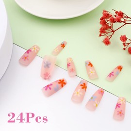 JSRQT Almond False Nails with Flower Designs, Acrylic Nails for Gluing with Nail Glue, Glossy French Fake Nails Short for Women Salon Pack of 24