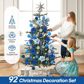 92pcs Christmas Tree Decoration Set, Christmas Ball Ornaments Bulk, Artificial Glitter Poinsettia Flowers, Hanging Crystal Snowflake Drop, Xmas Flowers for Holiday Wedding New Year Party Decor (Blue)
