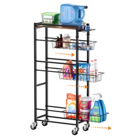 PAPAGIFTREE 4 Tier Slim Rolling Storage Cart with Pull-Out Baskets, Narrow Sliding Storage Slim Laundry Rolling Cart Between Washer and Dryer