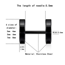 Stainless Steel Black Stud Earrings for Men Women, 3mm-8mm Available (6 Pairs a set)