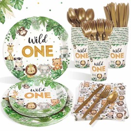 Heboland 175 Pcs Wild One Birthday Decorations Plates Set 25 Guests, Safari Jungle Baby Shower Theme Paper Plates Napkins Cups Cutlery Set Boys First 1st Party Supplies