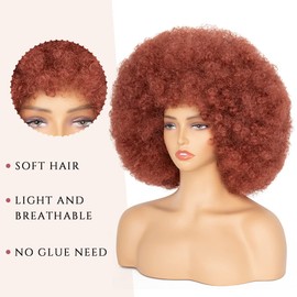 70's Afro Wig for Women, Copper Brown Short Afro Kinky Curly Wig, Glueless Synthetic Wig with Bangs, Puffy & Fluffy Bouncy Afro Wig for Daily Cosplay Party