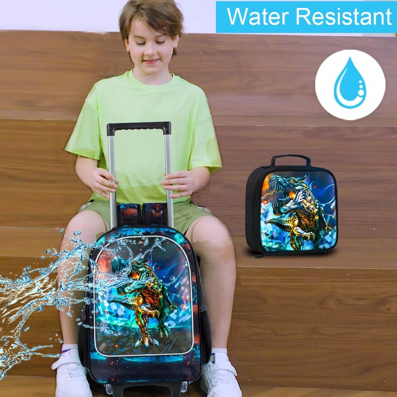 4PCS Rolling Backpack for Boys,Kids Dinosaur Backpacks with Roller Wheels,