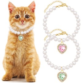 Mxxipp 2pcs Pearl Collar for Cat Puppy, Small Cute Heart Shape Rhinestone Pet Necklace, Adjustable Wedding Party Pet Jewelry Accessories for Puppy Kitten- Green & Pink