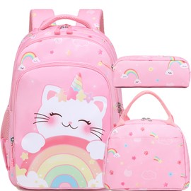 Jumpopack Unicorn Backpack for Girls School Backpack for Elementary Girls Backpack with Lunch Box Lightweight Water Resistance School Bag Preschool Kids Bookbag,Unicorn Cat