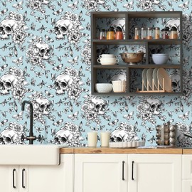 VaryStyle Blue White Gothic Wallpaper Goth Skull Butterfly Floral Peel and Stick Wallpaper Gothic Contact Paper for Walls Cabinets 17.7"x118" Removable Vinyl Skull Wall Paper for Bedroom Bathroom