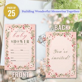 WENFLY Flower Baby Shower Invitations Party Invitations Card Kit 25 Pcs 4x6 Inch Simple Romantic Warm Pink for Boy Girl
