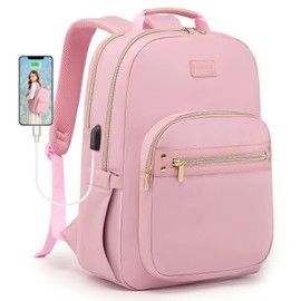 Laptop Backpack Women Work Bags - 15.6 inch Travel Backpack with USB Charger College Bookbag Waterproof Business Computer Backpack Anti-theft Casual Work Backpacks for Women Nurse Teacher Beige-Pink
