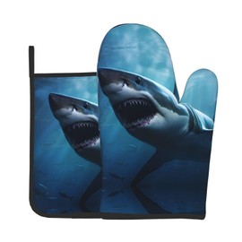 YYHWHJDE Great White Shark Pattern Oven Mitts and Pot Holders Sets of 2 Kitchen Baking Used to Open Pot lids in The Kitchen and to Carry Dishes from Microwave ovens