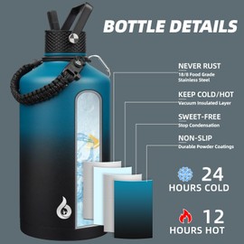 BJPKPK 1 Gallon Water Bottle with Straw Lid, 50oz, 64oz, 87oz, 128oz Large, Stainless Steel Water Bottles with 3 Lids and Paracord Handle, Double Wall Vacuum Metal Water Jug, Blue & Black