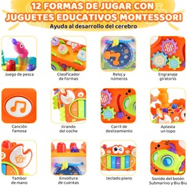 Nasjac 8/12 En 1 Juguetes Montessori para Niños con Música Dinámica, 3 Modos Juguetes Educativos Aprendizaje, Juguete De Martilleo De Autobús Habilidades Motoras, Regalos para Niño Niña (A-Naranja)