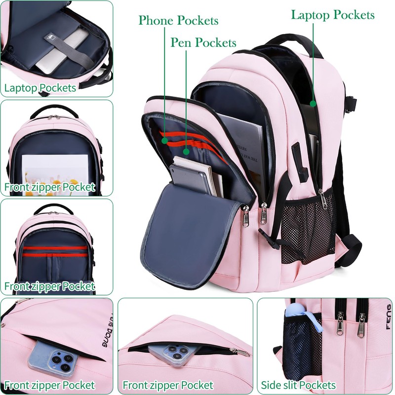 FENGDONG - Mochila para portátil con carga USB y auriculares