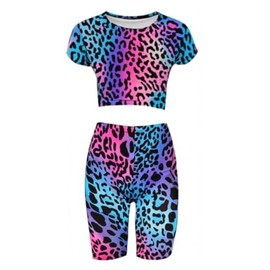 Fashionable Girls Two Piece Outfit Crop Top & Shorts Set with Bright Neon Colors & Fun Prints Perfect for Kids & Teens Who Love Dance Gymnastics & Biking (UK, Age, 7 Years, 8 Years, Multi Leopard)