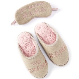 Cabernet No Drama Mama Faux Wool Lined Slippers with Eye Mask Oatmeal Heather Large 9-10