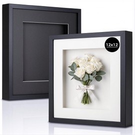 Heyxinda 12x12 Shadow Box Picture Frame, Deep 1.77” Display Case with Real Glass, Removable Inner Frame & Black/White Mat for DIY Display of Baby Wedding Memories Crafts Medals & Photos (Black, 2pcs)