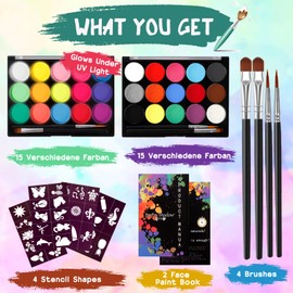 ZZXLOPEZ Children's Make-Up Set, Face Paint, Children's Make-Up, 15 Colours, Neon UV Make-Up Colours, Face Paints, Body Paint with 30 Colours, 40 Tattoo Templates, Children's Make-Up for Fancy Dress,