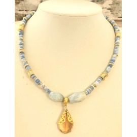 Blue Opal & Aquamarine W/ Synthetic  Citrine Pendant In Dainty Contrast Necklace