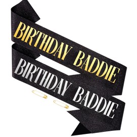 Birthday Sash for Women, Hapdoo 2pcs Black “Birthday Baddie” Sash with Gold Silver Foil for Birthday Girl, Happy Funny Decorations Baddie Accessories for Women Men Party Favors Supplies