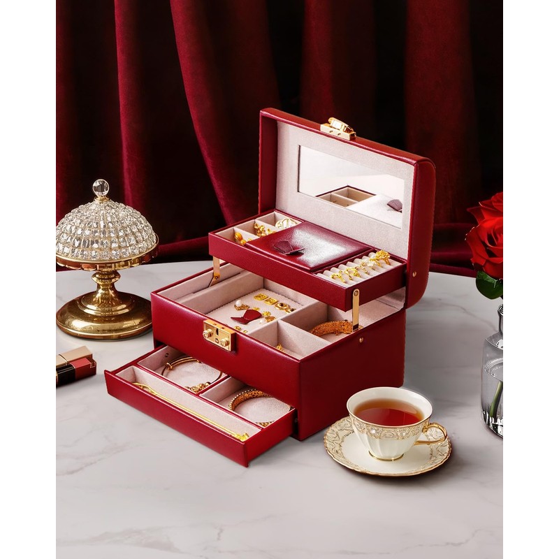 CASEGRACE Jewelry Box,3 Layers Leather Jewelry Storage Box with Lock,