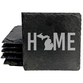 Rustic Slate Coasters Set of 4, Square 4" with Michigan 'HOME' Design, Laser Etched, Natural Chipped Edge, Rubber Feet, Perfect for Holidays, Birthdays, Housewarming, Made in USA