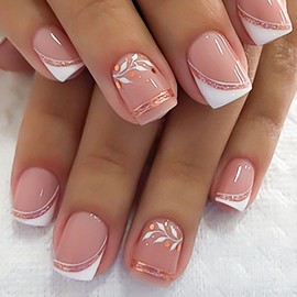 White French Tip Nails Press ons Square Press on Nails Short Glossy Glue on Nails Fall Artificial Fake Nails with Glitter Leaf Dots Designs Nude False Nails for Girls Women Manicure Art 24Pcs