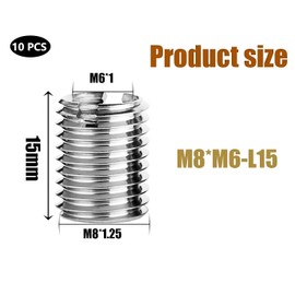 YEOVIBL Pack of 10 Thread Insert M8 to M6, 15 mm Stainless Steel Threaded Sleeves, M8 Threaded Insert to M6, Thread Adapter, Screw Nut, Thread Reduction Set (M8 x M6)