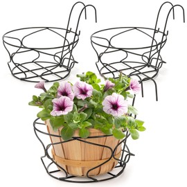 Noamus 3 Pack 10" Hanging Railing Planters Basket, Round Iron Rack Fence Shelf, Metal Wire Flower Pot Holder, Plants Hangers with Detachable Hook for Balcony Garden Indoor and Outdoor (Black)