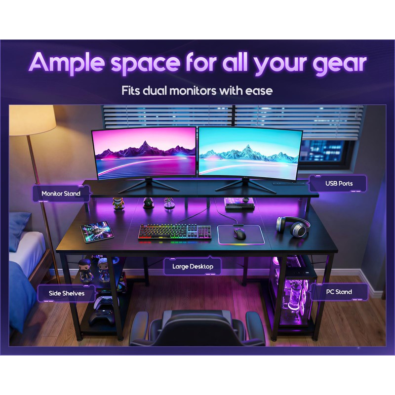 ODK 48 inch Gaming Desk with LED Lights & Power