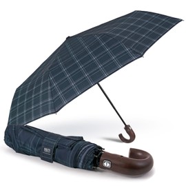 PERLETTI Taschenschirm Herren mit Gebogenem Holzgriff und Auf Zu Automatik - Schottenkaro Schirm Herrenschirm Sturmfest - Tartan Regenschirm Klappbar Faltbar - Durchmesser 104 cm (Blau Grün)