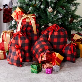 JOYIN Pack of 6 Christmas Fabric Drawstring Gift Bags Buffalo Plaid Santa Bags in Various Sizes Christmas Parties Gift Wrapping Reusable Party Favors