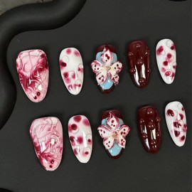 RIICFDD Handmade Press on Nails Medium Almond Fake Nails with Glue,Tropical Flower Nails with 3D Lines Designs Wine Red Acrylic Nails Nature Stick on Nail False Nails for Wome (Size M)