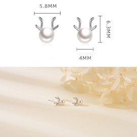 Stud Earrings Silver 925 Reindeer Earrings Small Pearl Stud Earrings for Women Girls Christmas Elk Earrings, Cubic Zirconia