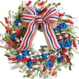 Egolot 24 Inch Patriotic Red White Blue Flowers Wreath for Front Door, Forth of July Lamb Ears Leaves Wreath for Inside and Outside, Memorial Day Independence Day Burlap Bow Wreath for Home Decor