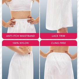 Girl's Half Slip Underdress, Non-cling, Silky Nylon Material, White Option Comfortable Covered Waistband and Lace Hemline, Size 16