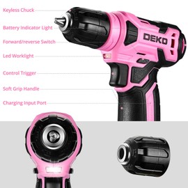 DEKOPRO 8V Cordless Drill, Drill Set with 3/8"Keyless Chuck, 42pcs Acessories, Built-in LED, Type-C Charge Cable, Pink Power Drills for Drilling and Tightening/Loosening Screws